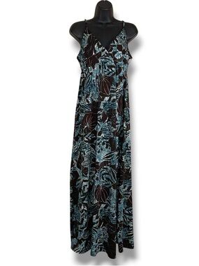 Large Corey P Maxi Dress Sleeveless Teal Blue Brown Tropical Print Leaf